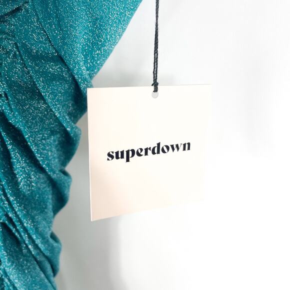 Superdown Jayden Mini Dress Blue‎ Shimmer Asymmetrical One Shoulder Jersey Sz M - Picture 7 of 12